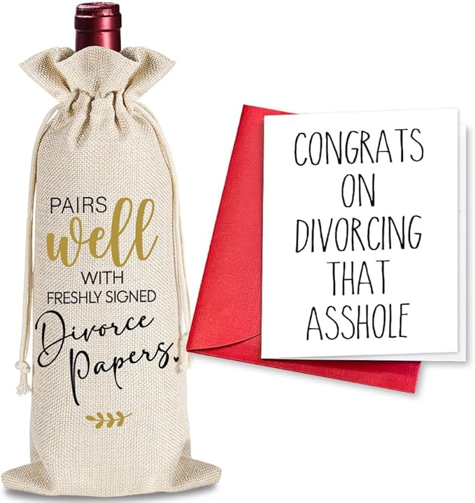 Divorced Wine Bag Gifts, New Beginning Gift, Wine Bag for Freshyl Signed Divorce Papers, Breakup, Happily Divorced, Divorce Party Decorations, 1 Wine Bag with 1 Congrats on Divorcing That Asshole Card