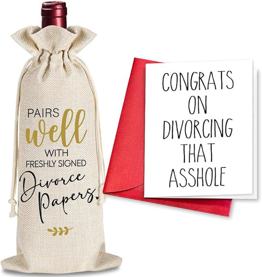 Divorced Wine Bag Gifts, New Beginning Gift, Wine Bag for Freshyl Signed Divorce Papers, Breakup, Happily Divorced, Divorce Party Decorations, 1 Wine Bag with 1 Congrats on Divorcing That Asshole Card