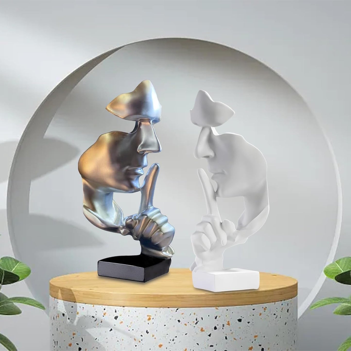 aboxoo Abstract Statues Silence is Gold Decorative Objects,Modern and Simple Resin Figurine,Desk Decoration for Office Home Piano Deco(Large Silver)