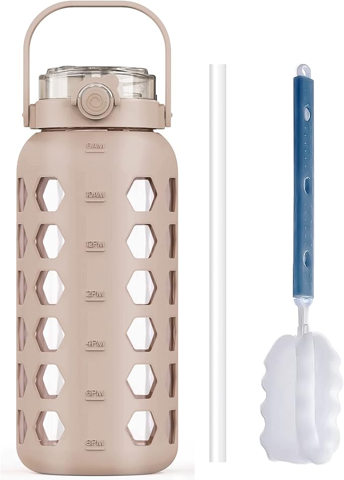 MUKOKO Half Gallon/64 oz Glass Water Bottles with Straw and Lid,Motivational Water Jug with Time Marker Reminder and Silicone Sleeve,100% Leakproof BPA Free Fitness Sports Large Bottle-Amber