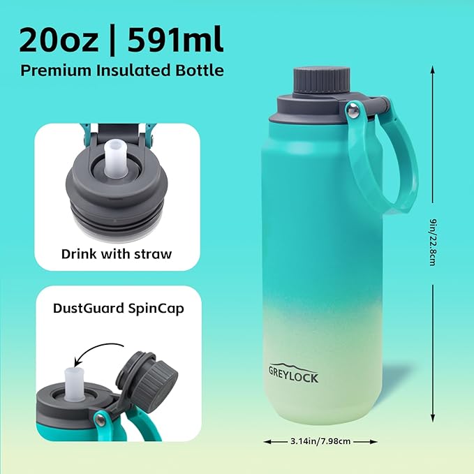 Greylock 20 oz Insulated Stainless Steel Water Bottle with Straw Lid- BPA-Free Leak Proof When Closed, Reusable Metal Water Bottle with Carry Handle for Travel Camping, 24 Hours Cold (Seafoamrise)