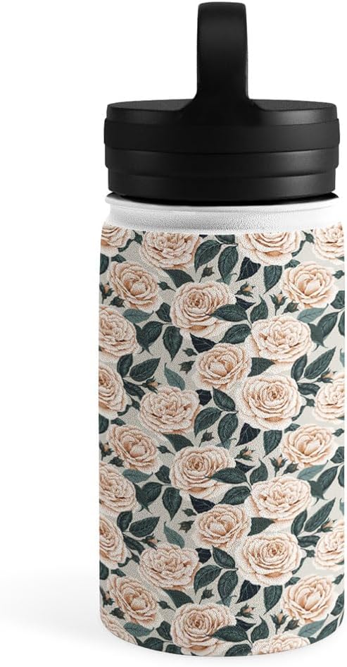 Deny Designs Water Bottle, Handle Lid 12 oz, Avenie A Realm of Roses White