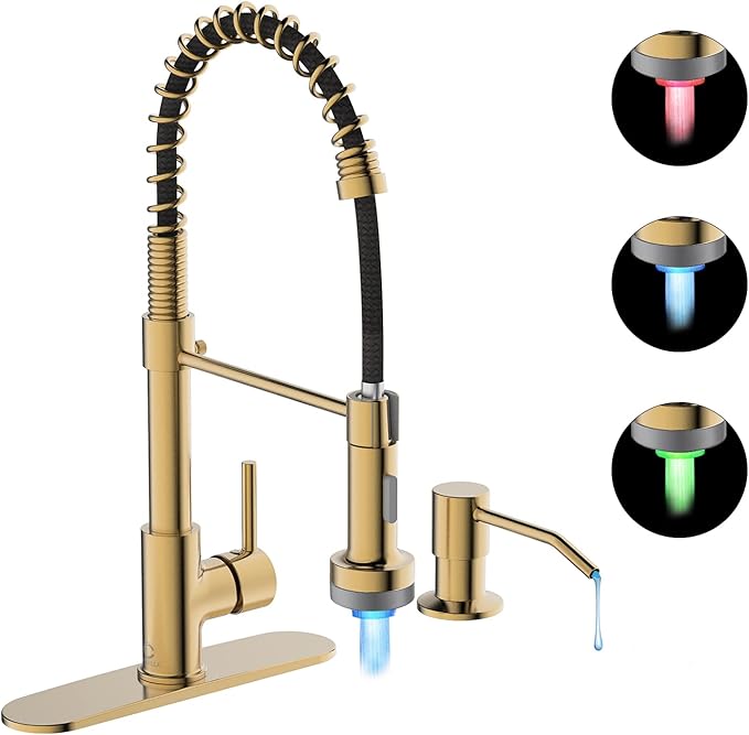 LED Kitchen Faucet, Brushed Gold Kitchen Faucet with Soap Dispenser and Deck Plate, Faucet for Camper Farmhouse RV Kitchen Sink, Single Handle Kitchen Sink Faucets with Pull Down Sprayer
