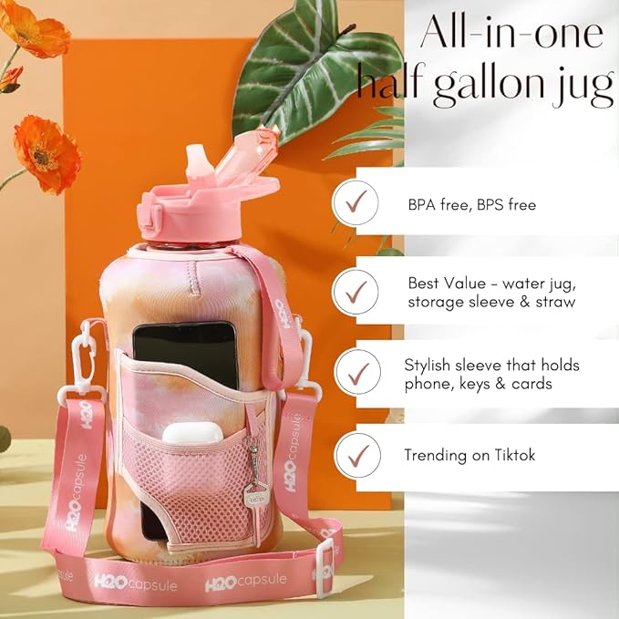 H2O Capsule 2.2L Half Gallon Water Bottle with Storage Sleeve and Removable Straw – BPA Free Large Reusable Drink Container with Handle - Big Sports Jug, 2.2 Liter (74 Ounce), Warm TieDye