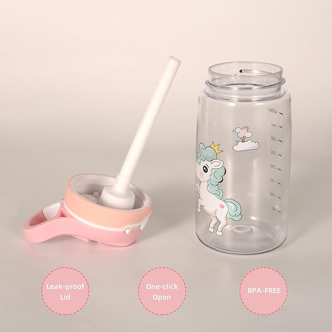 VTIVE Unicorn Water Bottle for Girls, 55PCS Unicorn Birthday Gifts for Girls Age 3 4 5 6 7 8, Kids Water Bottle 16 OZ BPA-Free with Straw & Safety Lock, Unicorn Themed Gifts for Christmas