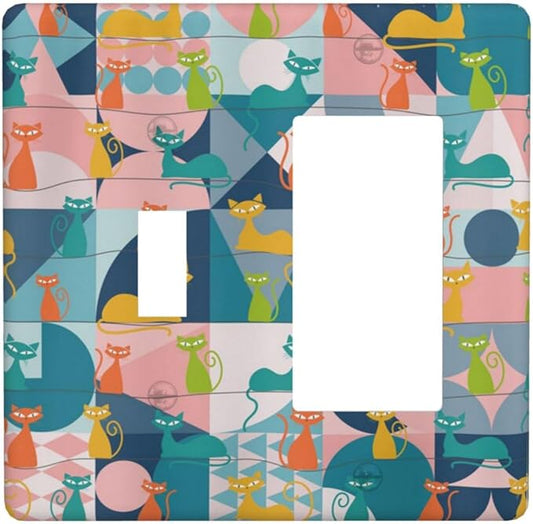 Mid Century Modern Atomic Cute Cats 2 Gang Single Toggle Rocker Combination Light Switch Covers Wall Plate Cover Electrical Faceplate Decorative Switchplate for Kidroom Nursery Bedroom Decor