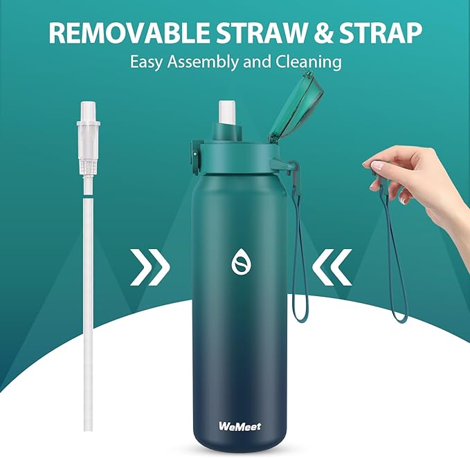 32oz Water Bottle with Removable Straw and Spout Lid Two Ways to Drink, 18/10 Stainless Steel Insulated Water Bottle, BPA-Free, Leak Proof, Double wall, for Sports, Gym