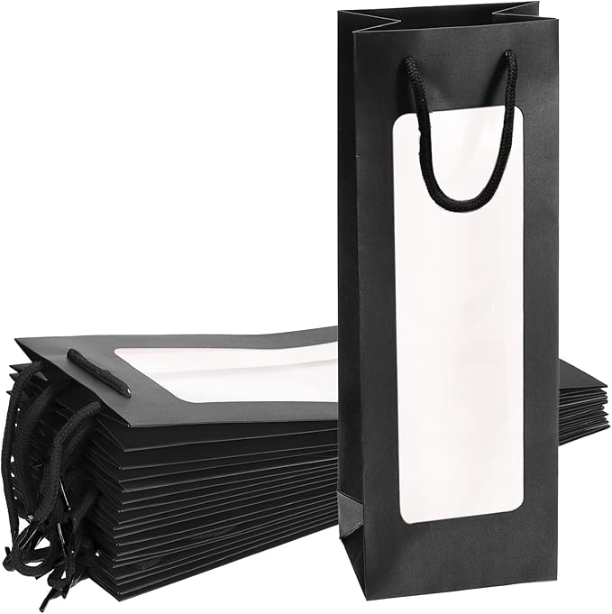 uxcell Wine Bags, 20pcs 4.92"x3.35"x14.2" Wine Gift Bags with Rope Handles, Paper Wine Tote Bag with Clear Window for Wedding Birthday Christmas Party Supplies, Black