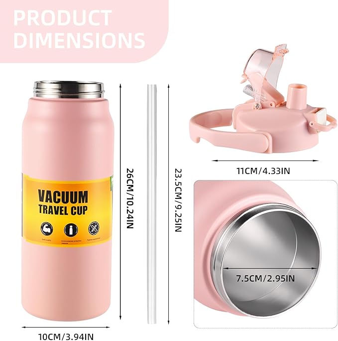 ColorSub 50oz Insulated Water Bottle With 2-in-1 Straw and Chug Leakproof Lid, BPA Free Stainless Steel Wide Mouth Sports Water Cup Flask Pink