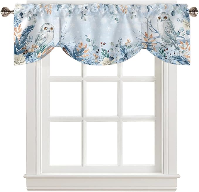 Blue Christmas Blackout Tie Up Valance Curtains for Kitchen Windows Winter Snowy Owl Poinsettia Eucalyptus Leaves Window Toppers Balloon Shades for Living Room/Bathroom/Bedroom,1 Panel, 42" X 12",