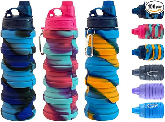 Collapsible Water Bottles 3 pack Travel Water Bottle Portable Hiking Water Bottle with Leak proof Twist Cap 500ML Reusable BPA Free Silicone Water Bottles with Carabiner. (Colorful)
