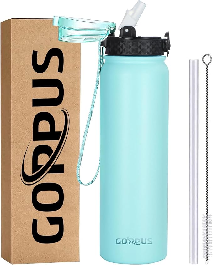 GOPPUS 32 oz Sports Water Bottle 1 Liter Double Wall Insulated Stainless Steel Water Bottles with Straw Lid Reusable Leak proof Metal water bottles with Strap Handle(Green 1 lid)