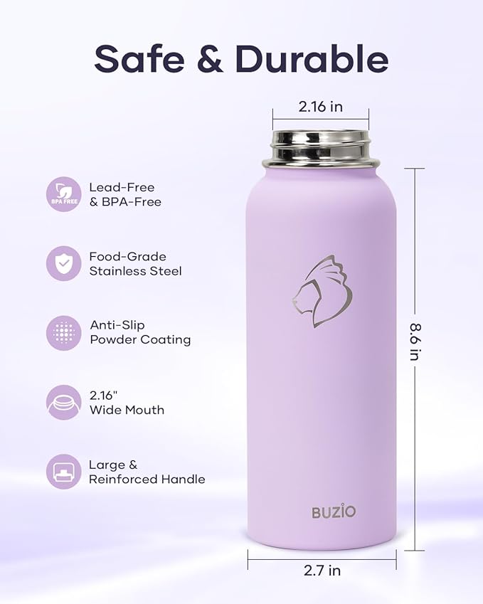 40 oz Insulated Water Bottle with Straw Lid, BUZIO Stainless Steel Water Flask Keep Cold 48h with Carrying Pouch, Lead-Free Double Wall Vacuum Thermo Tumbler Leak Proof Sport Metal Canteen, Purple