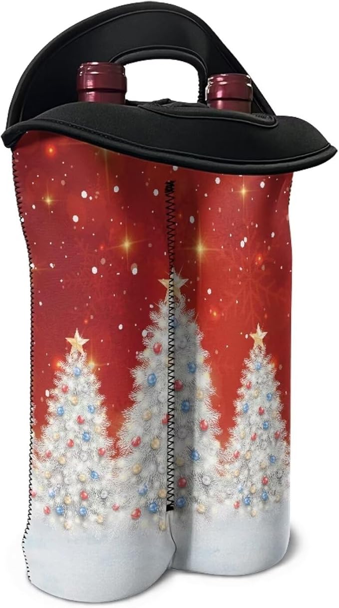 doginthehole 2 Bottle Wine Carrier Neoprene Wine Bottle Tote Red Silvery Xmas Tree Print Bottle Holder for Travel Picnic Portable Wine Champagne Bottles Bag for Christmas Party