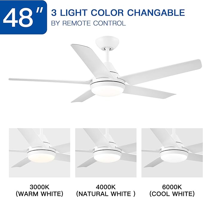 NicBex Ceiling Fan 48 Inch Modern Ceiling Fans with Integrated LED Light and Remote Control Double Finish Ceiling Fan with 5 Blades for Living Room, Bedroom, White
