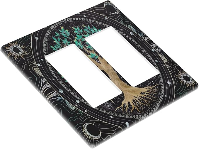 Tree of Life Blackground 2 Gang Rocker Decora Light Switch Cover Decorative Hippie Sun Moon Star Outlet Covers Wall Plate Electrical Faceplate Switchcovers GFCI for Bathroom Bedroom Livingroom Decor
