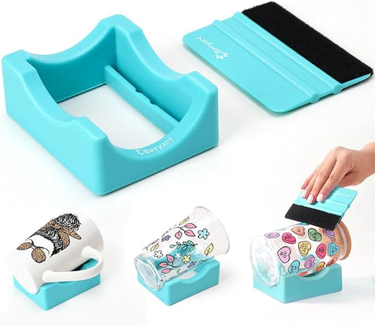 Silicone Cup Cradle, Cup Cradle for Tumblers Use to Apply UV DTF Decal/Apply Vinyl Decals -Keep Mugs in Place with Felt Squeegee（Cyan）