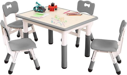 Kids Table and Chairs Set, Height Adjustable Desk With 4 Seats for Ages 2-10,Arts & Crafts Table,Graffiti Desktop, Non-Slip Legs, Max 300lbs, Children Multi-Activity Table for Classrooms,Daycares,Home