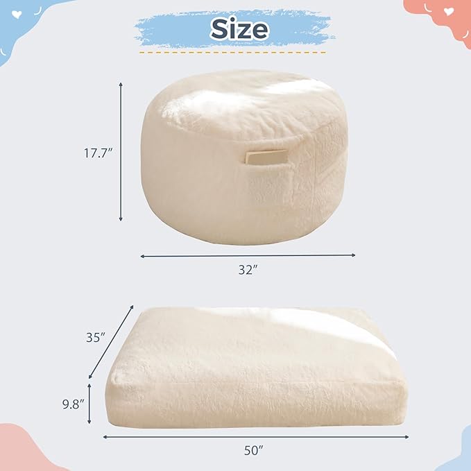 MAXYOYO Bean Bag Chair Bed for Kids, Convertible Bean Bag Folds from Lazy Chair to Floor Mattress Bed, Stuffed Floor Sofa Couch Sofa Bed for Boys and Girls, High-Density Foam Filling, Beige