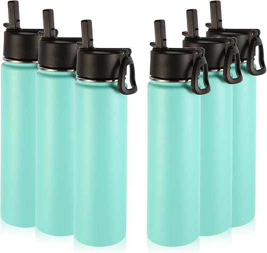 Volhoply 24oz Insulated Water Bottle With Straw Bulk 6 Pack,Metal Wide Mouth Water Bottles With Handle Lid Keep Cold,Reusable Double Wall Thermos,Powder Coated Sport Bottle For Holder(Mint,6 Count)