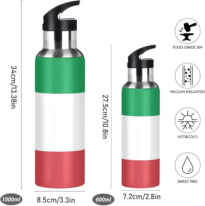 Italian Flag Sports Water Bottle, Double Wall Vacuum Insulated Stainless Steel Water Bottle with Straw Keeps Hot and Cold, Bike Running Sports Travel Gym 20oz