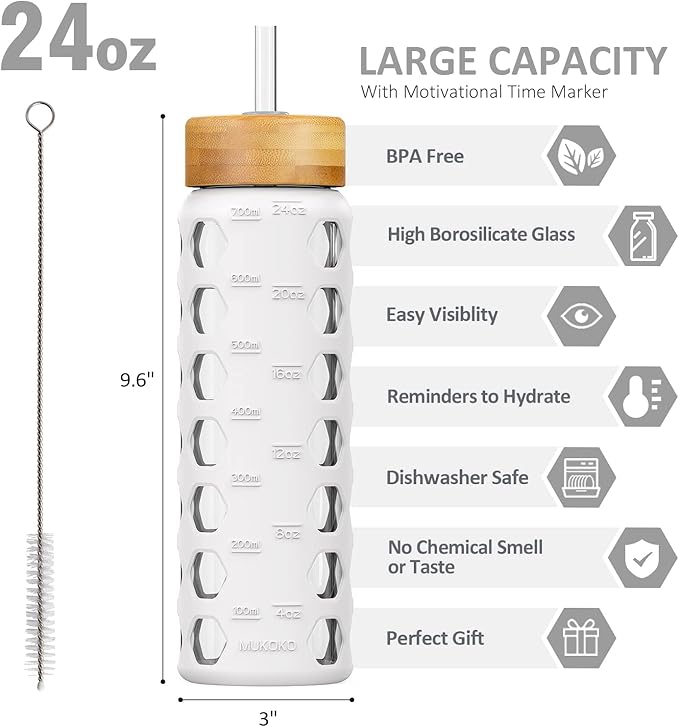 MUKOKO 24oz Glass Water Bottle with 2 Lids-Handle Flip Lid&Bamboo Straw Lid,Motivational Water Tumbler with Time Marker Reminder and Silicone Sleeve, Leakproof-White