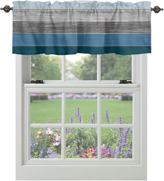 Farmhouse Kitchen Curtains Valances for Windows ,Blue Gray Ocean Hues Rod Pocket Country Window Treatment for Kitchen /Living Room/Bedroom/ Bathroom,60" X 18" -1 Panel, Retro Rustic Barn Wood Texture