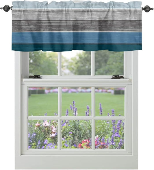 Farmhouse Kitchen Curtains Valances for Windows ,Blue Gray Ocean Hues Rod Pocket Country Window Treatment for Kitchen /Living Room/Bedroom/ Bathroom,42" X 18" -1 Panel, Retro Rustic Barn Wood Texture