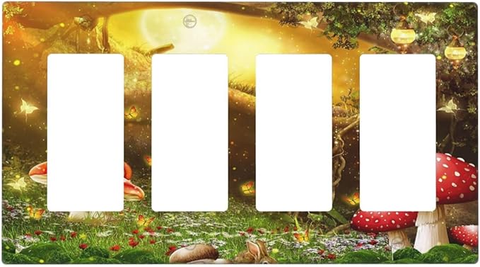Red Mushroom Forest Fairy Moon Butterfly 4 Gang Rocker Decora Bohemian Light Switch Cover Decorative Outlet Covers Wall Plate Electrical Faceplate Switchplate GFCI for Kidroom Nursery Decor
