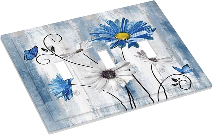 Rustic Teal Blue Daisy Floral Farmhouse 3 Gang Light Switch Covers Triple Toggle Wall Plate Decorative Switchplate Electrical Faceplate for Country Bathroom Bedroom Kitchen Decor