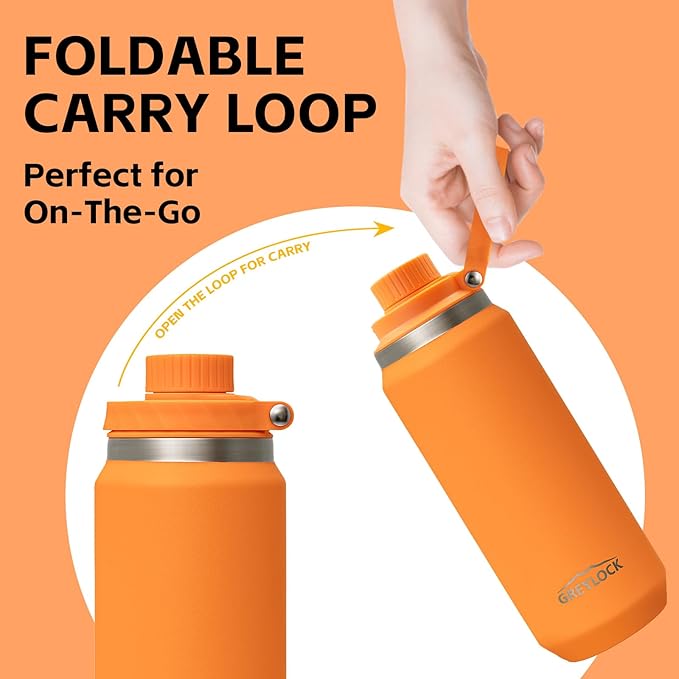 Greylock 20 oz Insulated Stainless Steel Water Bottle with Straw Lid- BPA-Free Leak Proof When Closed, Reusable Metal Water Bottle with Carry Handle for Travel Camping, 24 Hours Cold (Tangerine)