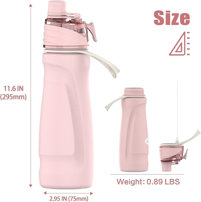 Misting Water Bottle, 24oz Insulated Water Bottle, 2-in-1 Mist & Sip Stainless Steel Water Bottles, Thermo for Hot Drinks/Cold Drinks, Sports Water Bottle for Hiking, Running, Gym, Light Pink