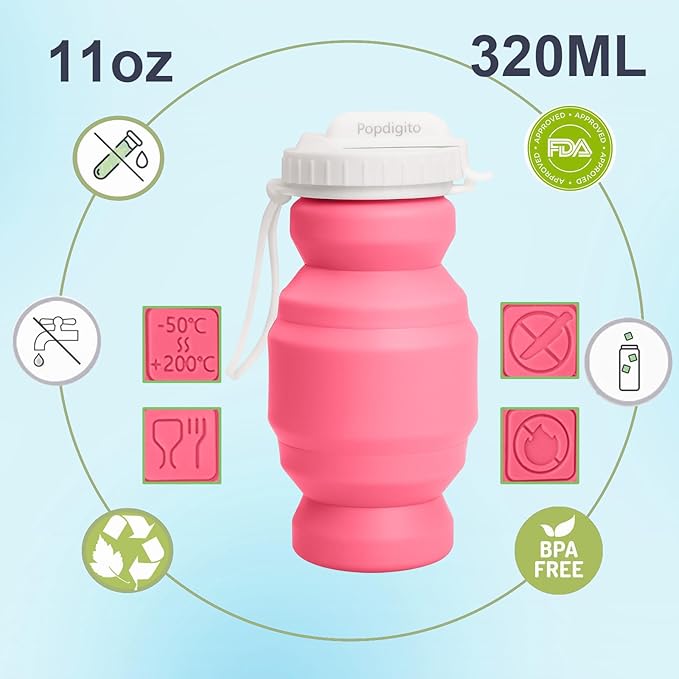 Collapsible Water Bottles,BPA-Free Leak-Proof Silicone Foldable Water Bottle Cup 20.6oz,Durable Lightweight Bottle for Gym Travel Camping Hiking Running (Type2 pink little 320ml)