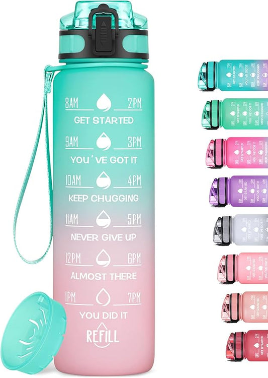 Motivational Water Bottle 1000ml with Time Marker Leak Proof BPA Free with Fruit Filter, Perfect for Fitness, Gym and Outdoor Sports