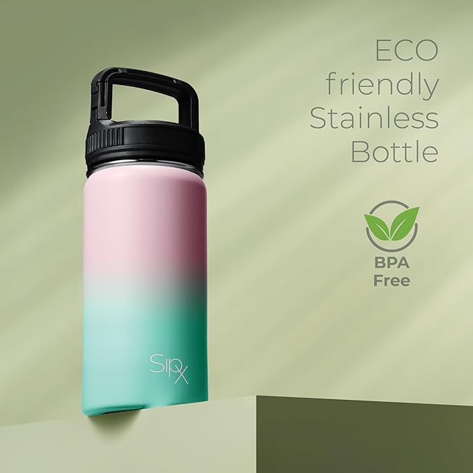 SipX™ Triple-Insulated Stainless Steel Water Bottle 18oz. With 3 Lids, BPA-Free Reusable Insulated Water Bottle Keeps Cold 24 Hours, Metal Water Bottle Made Of Sustainable Material For Hiking & Biking