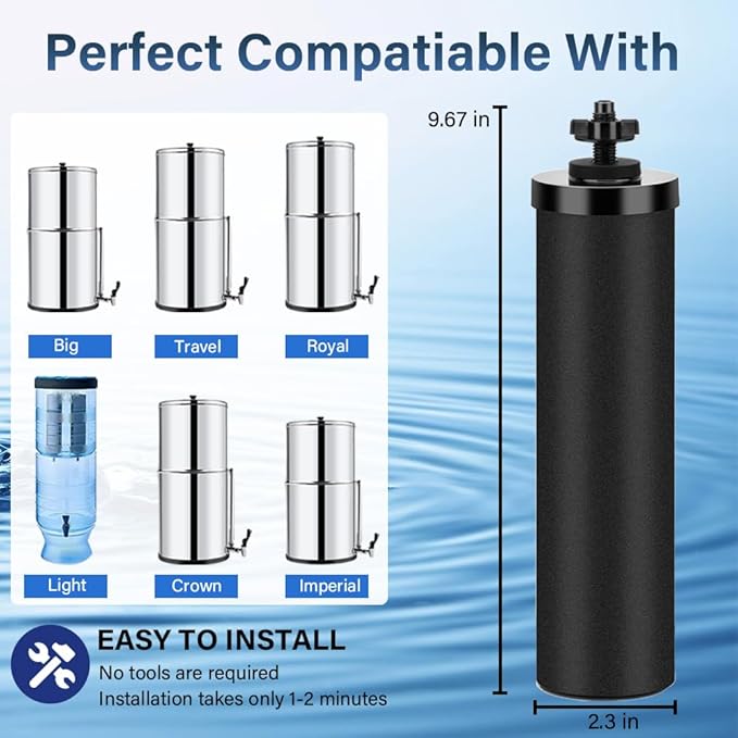 Water Filter Replacement for Berkey, NSF/ANSI 42 Certified Water Filter System Black Activated Carbon Filters Elements Compatible with Berkey® BB9-2® Gravity Filtration System, Pack of 4