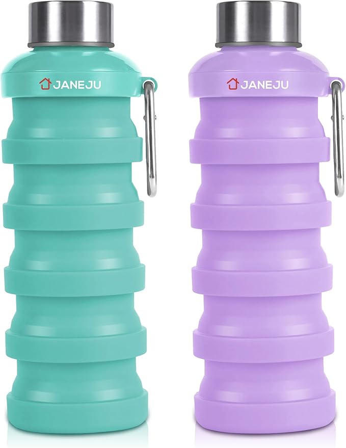 JaneJu Collapsible Water Bottle, 17oz BPA Free Silicone Reusable Portable Lightweight Foldable Water Bottles with Carabiner, Portable Leak Proof Sports Water Bottle (green&purple)