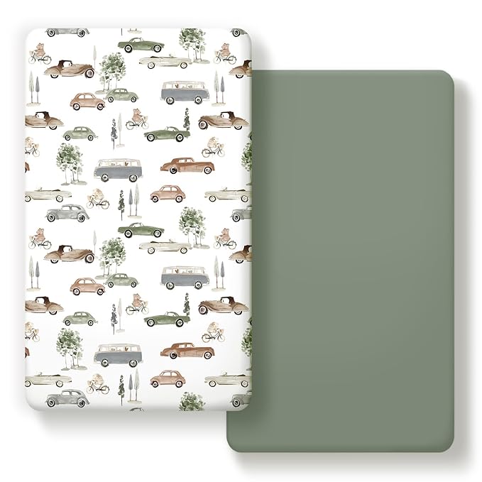 GRSSDER Stretchy Ultra Soft Jersey Knit Fitted Crib Sheets Set 2 Pack, Universal Fitted All Standard Crib Mattress Pads Safe and Snug, Crib Fitted Sheet for Baby, Neutral Pattern of Cartoon Cars Print