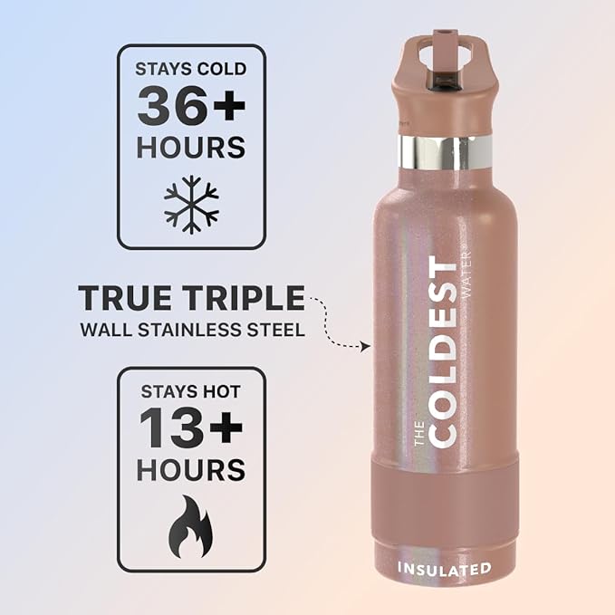 Coldest Water Bottle with Standard Mouth Straw Lid Metal Thermos Vacuum Insulated Stainless Steel l Reusable Leak Proof Cupholder Flask (21 oz, Rose Gold)