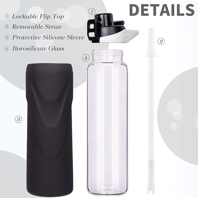 32 oz Sports Glass Water Bottle with Straw & Silicone Sleeve Reusable BPA-free Borosilicate Glass Drinking Bottle with Flip Top Lid & Handle Wide Mouth (Deep Black)