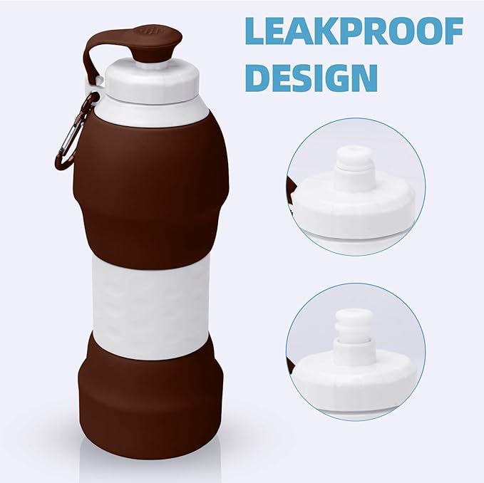 Collapsible Water Bottle, 19.6oz Leakproof Foldable BPA Free Silicone Reusable Sports Bottle, Portable Refillable Bottles with Carabiner, Ideal for Travel Hiking Outdoor Camping Gym (Brown)