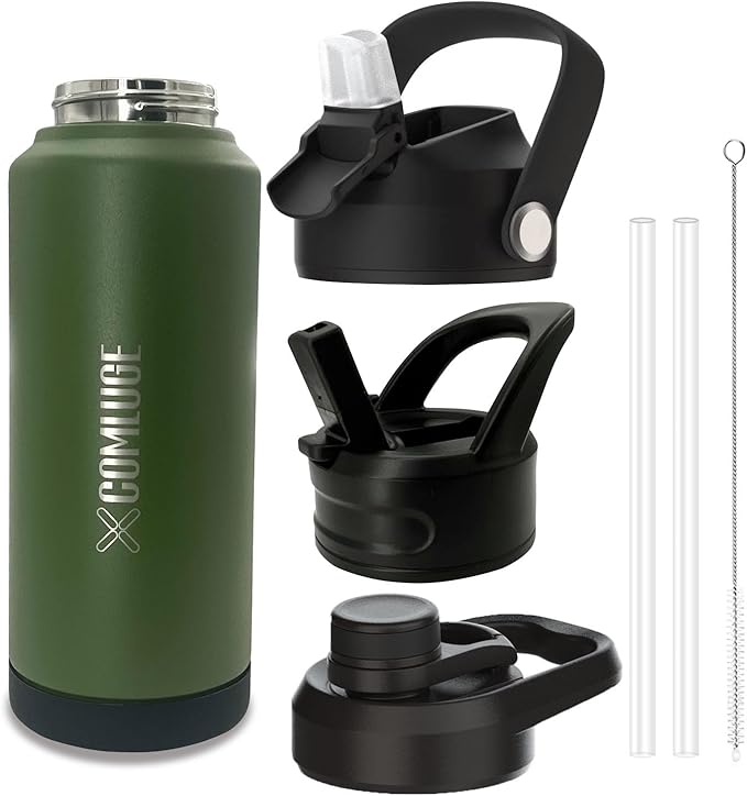 Green 32 oz insulated water bottle with straw stainless steel water bottle,double wall,leak proof water bottles with 3 lids,travel,gym mens water bottle (Navy Green, 32oz)