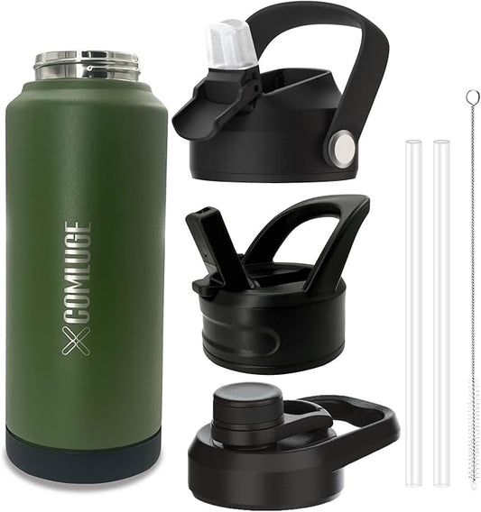 Green 32 oz insulated water bottle with straw stainless steel water bottle,double wall,leak proof water bottles with 3 lids,travel,gym mens water bottle (Navy Green, 32oz)
