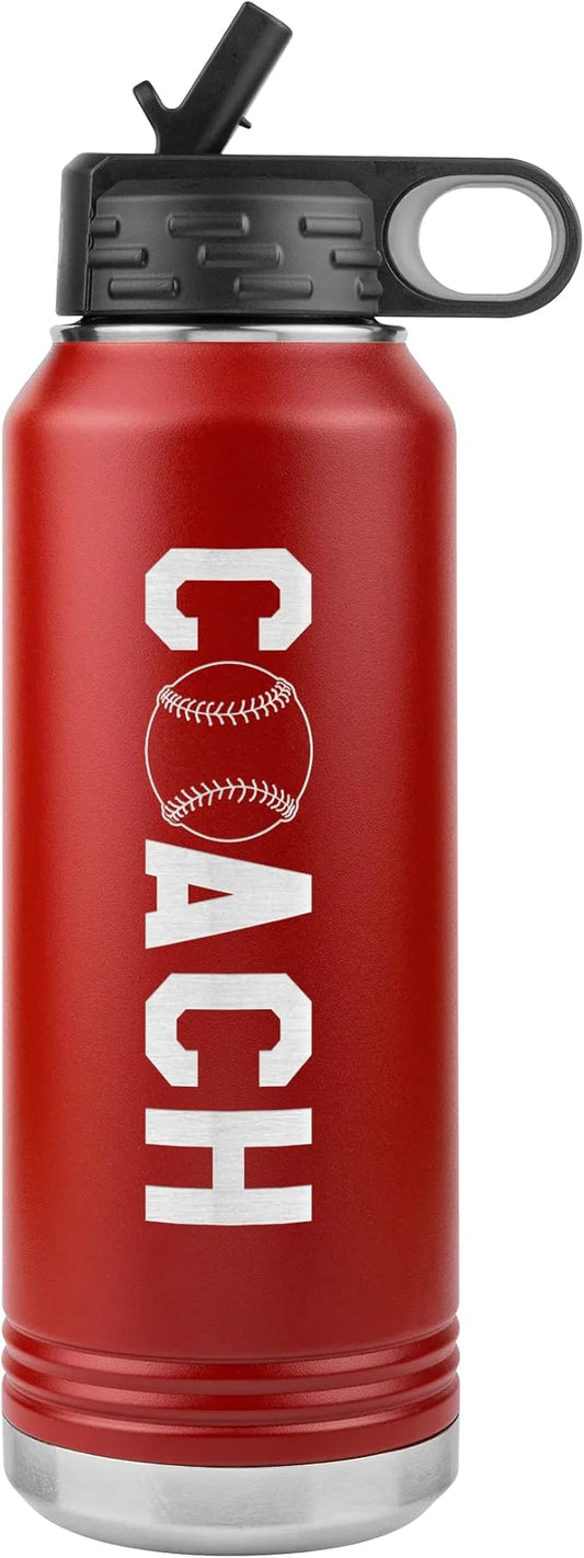 Baseball Coach Water Bottle - 32oz Insulated Engraved Stainless Steel Flip Top with Straw Baseball Coach Gift Red