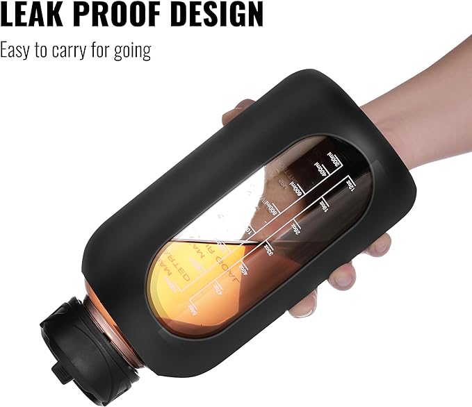 CIVAGO 64 oz Glass Water Bottle Jug with Straw and Handle, Half Gallon Sports Motivational Water Bottle with Time Marker, Large Water Flask Canteen with Silicone Sleeve for Gym,Army Green