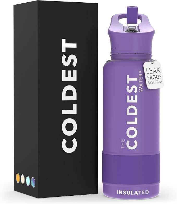 Coldest Sports Water Bottle with Straw Lid Vacuum Insulated Stainless Steel Metal Thermos Bottles Reusable Leak Proof Flask for Sports Gym (Purple, 32 oz Wide Mouth)