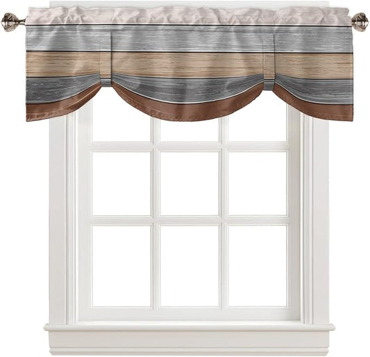Farmhouse Fall Blackout Tie Up Valance Curtains for Kitchen Windows, Brown Grey Window Toppers Balloon Shades for Living Room/Bathroom/Bedroom,1 Panel,60" X 18" Retro Rustic Barn Wood Texture