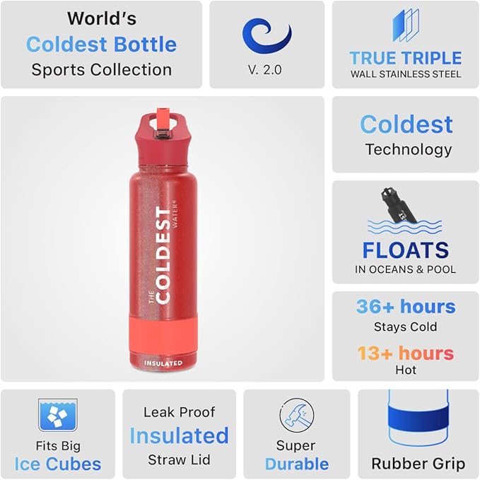 Coldest Sports Water Bottle with Straw Lid Vacuum Insulated Stainless Steel Metal Thermos Bottles Reusable Leak Proof Flask for Sports Gym (40 oz, Mars Red Glitter)