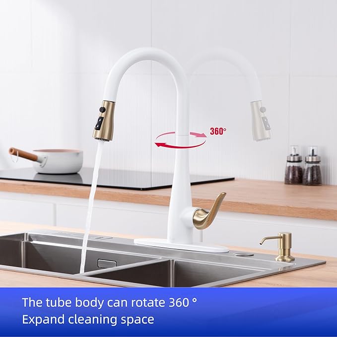 Kitchen Faucet with Soap Dispenser and Pull Down Sprayer - Stainless Steel Single Handle Kitchen Sink Faucet, 1 or 3 Hole Design for Modern Farmhouse Kitchens, Rv, and Bar Sinks (Whit and Gold)