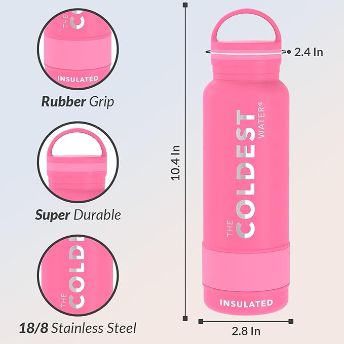Coldest Insulated Water Bottle with Handle Lid | Leak Proof, Simple Insulated Modern Stainless Steel, Double Walled, Sport Thermos Bottles, Metal Flask | 21oz